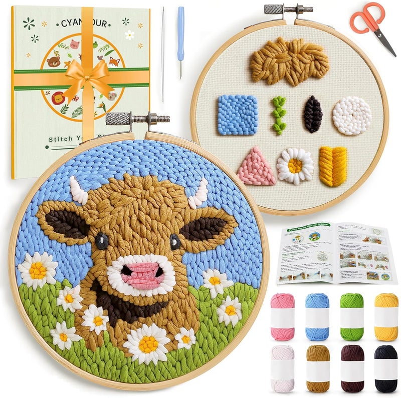 CYANFOUR Punch Needle Kits for Beginner, DIY Punch Needle Kit Adults Beginner Include 2 Pre-Printed Fabrics, Embroidery Hoop, Threads, Tools, Easy for Adults & Children, Craft Gifts and Decorations - Image 1